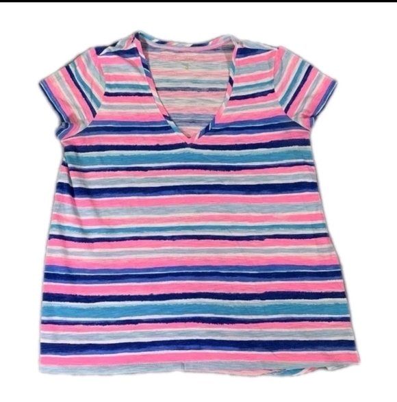 Lilly Pulitzer Tops - Lilly Pulitzer Etta V Neck Sandy Shell Stripe Size Small Blue Pink